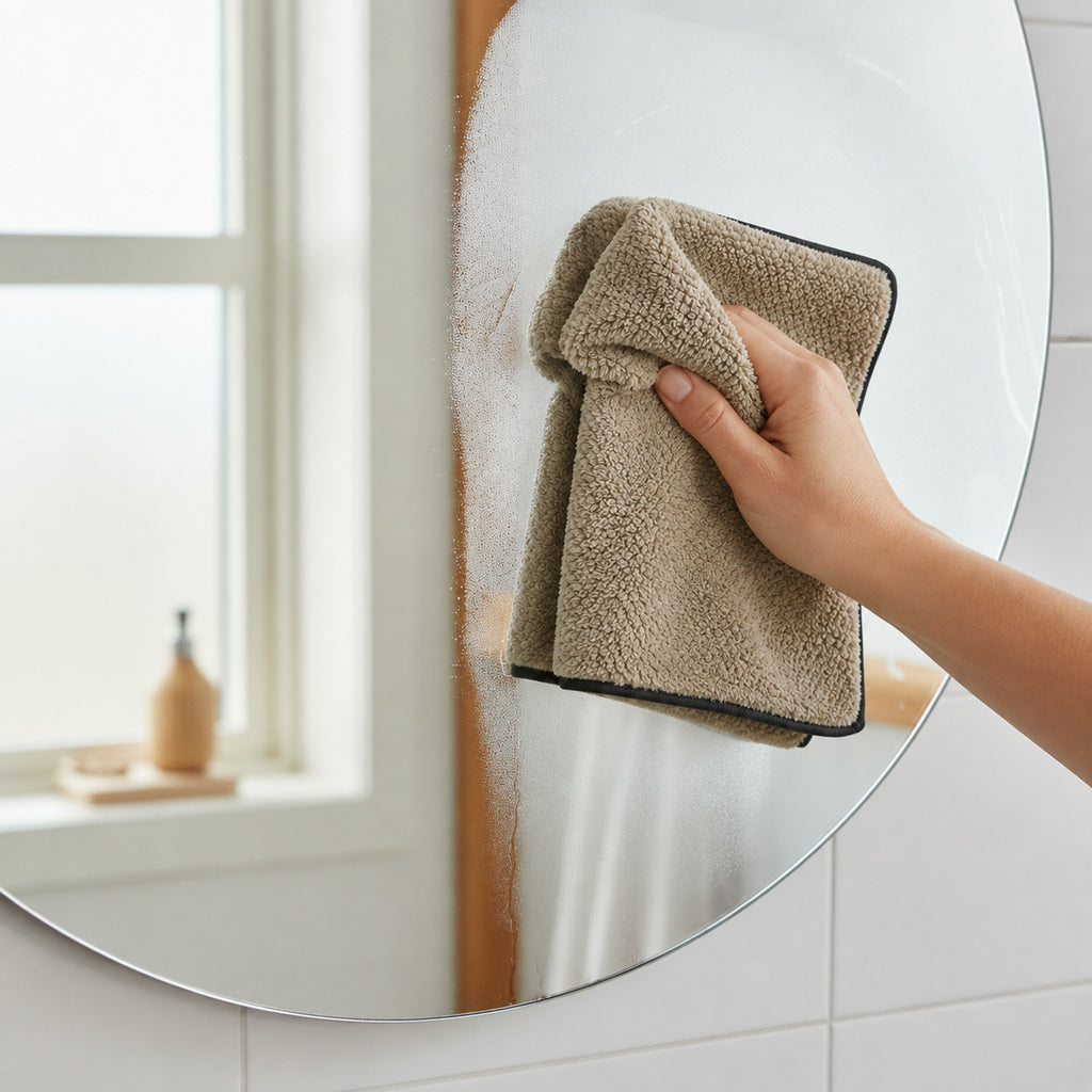Spejl pudses uden striber med en fugtig mikrofiberklud og kun vand