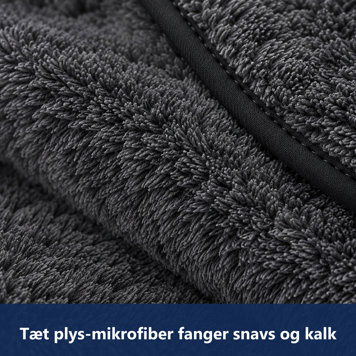 Tæt plys-mikrofiber med sort kant set tæt på
