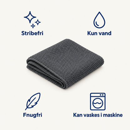 Stribefri, kun vand, fnugfri, kan vaskes