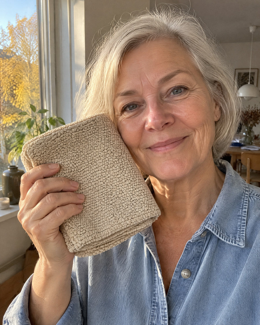 beige Spejlklud ved et vindue i efterårssol – klare ruder