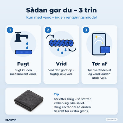 Sådan gør du – 3 trin: fugt, vrid, tør af (illustration)