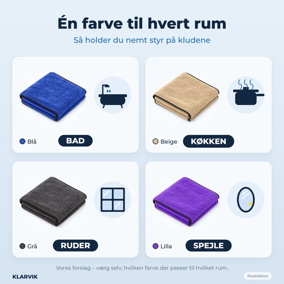 Én farve til hvert rum: bad, køkken, ruder, spejle (illustration)