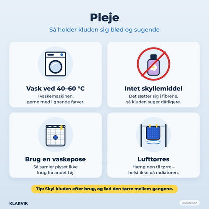 Pleje: vask ved 40–60 °C, intet skyllemiddel (illustration)