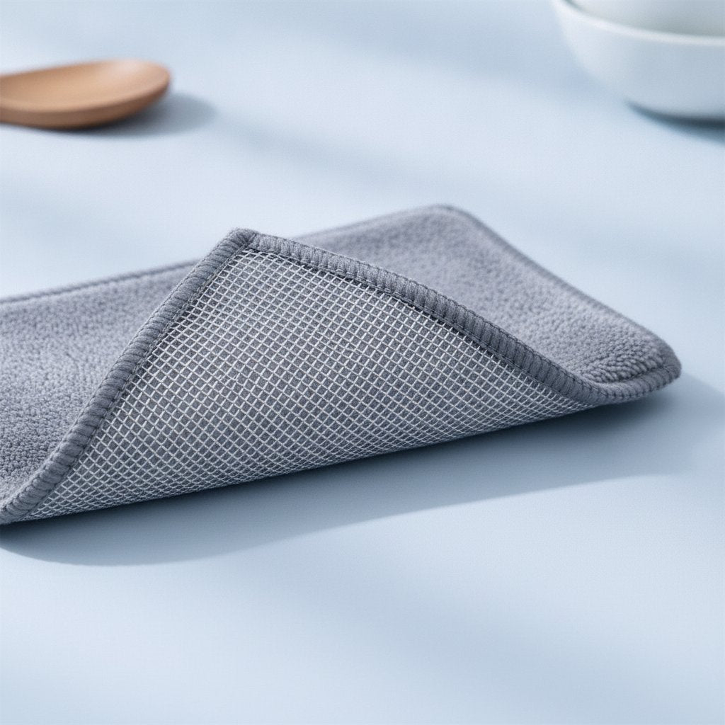 Køkkenkluden set tæt på – ståltråd på den ene side, mikrofiber på den anden